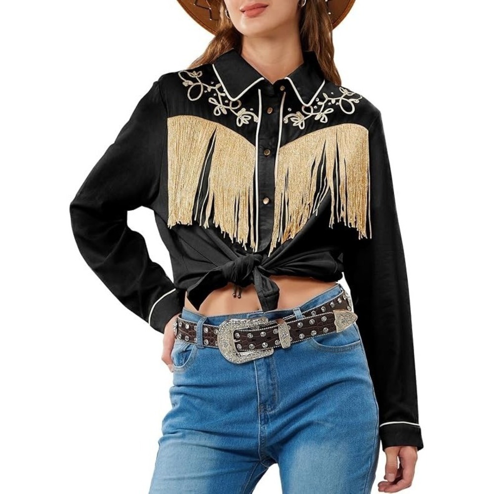 John Moon Western Embroidered Fringe Button Up Shirt Women's Sz L 8 Black‎ NWT
